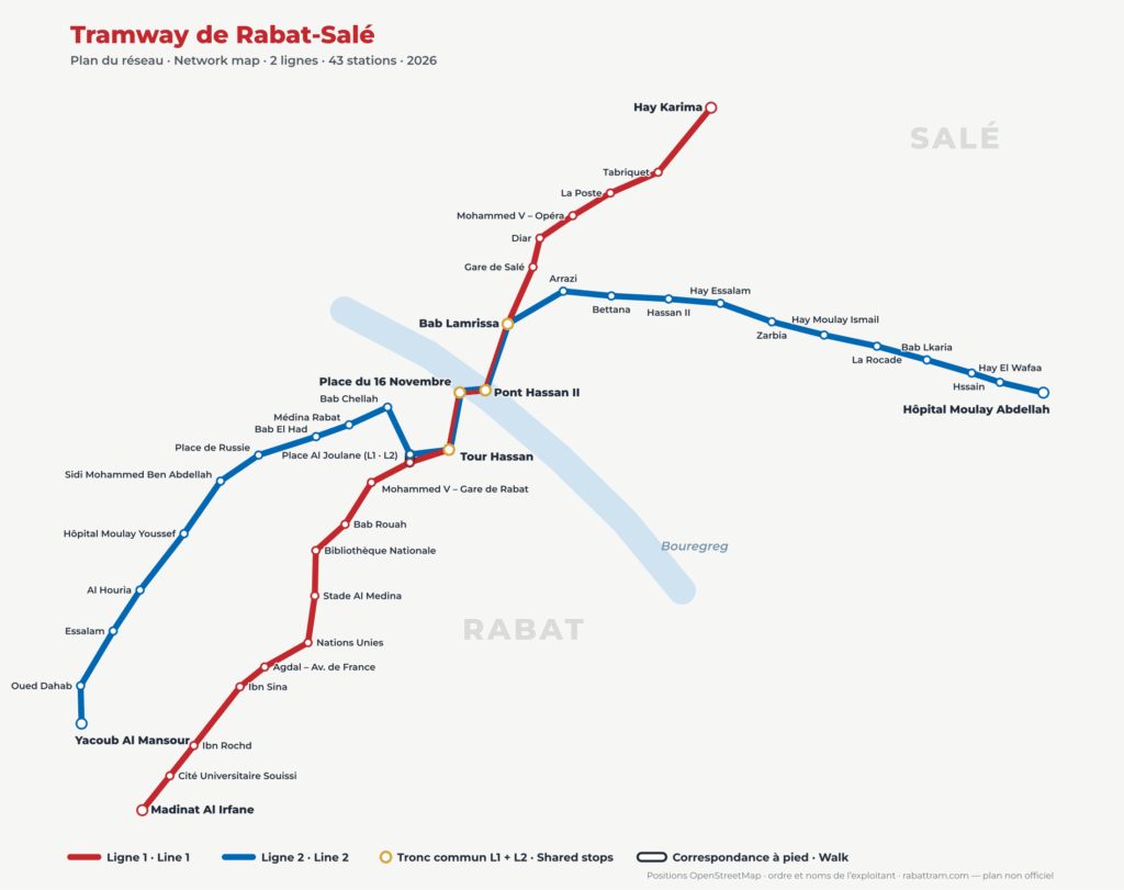 Plan du réseau du tramway de Rabat-Salé : Ligne 1 (rouge) et Ligne 2 (bleue)