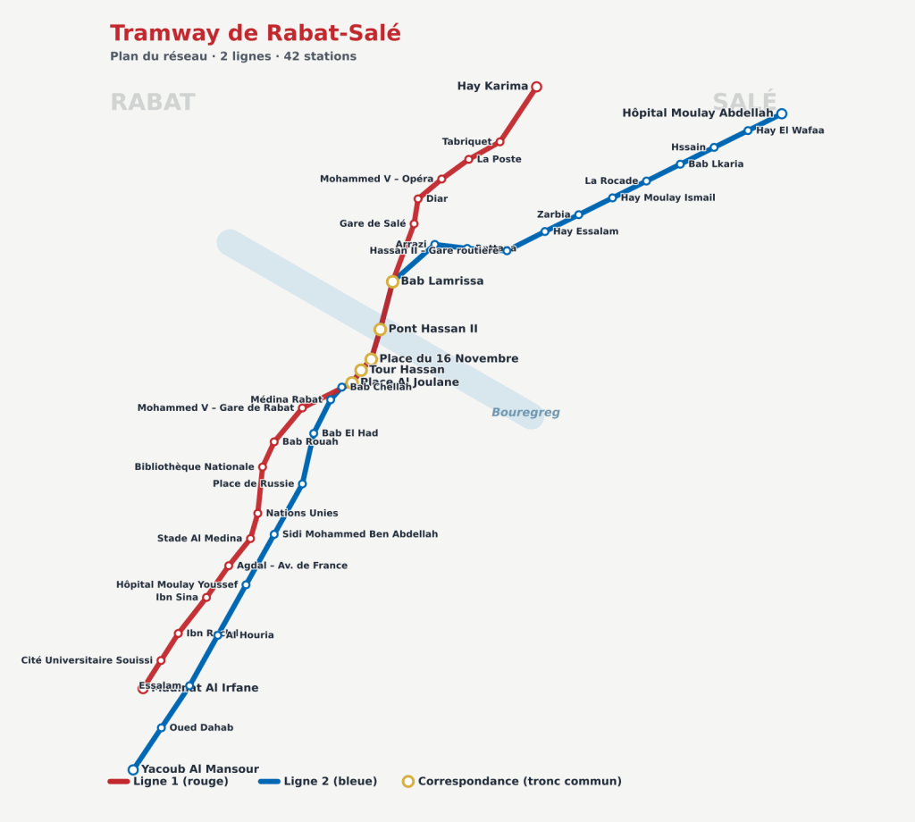 Plan du réseau du tramway de Rabat-Salé : Ligne 1 (rouge) et Ligne 2 (bleue)